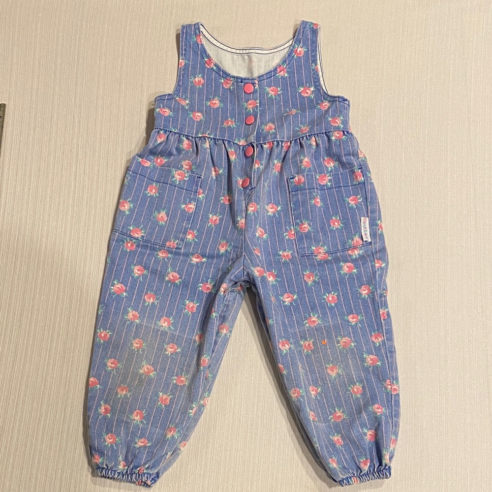 Vintage Healthtex Blue and Pink Floral Kids Double Kneed Snap Closure Overalls